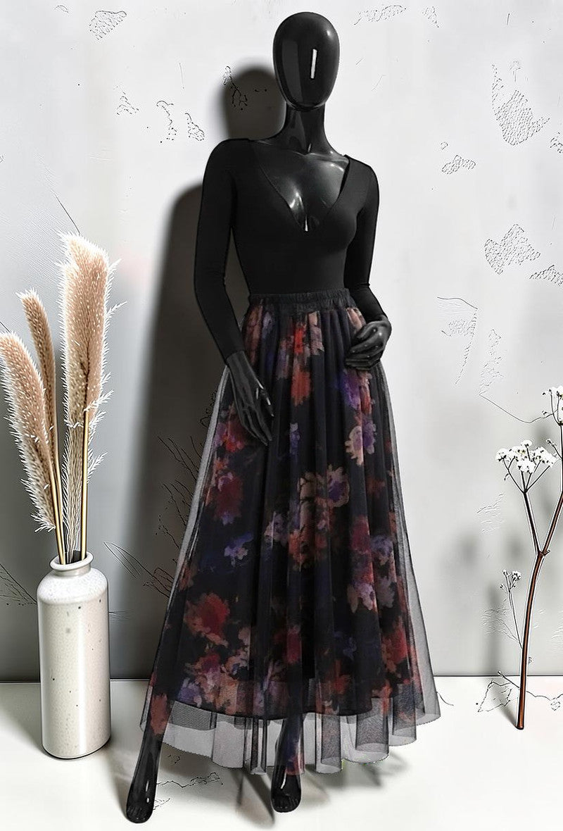 Jupe en Tulle Très Fluide avec Doublure en Viscose Noir
