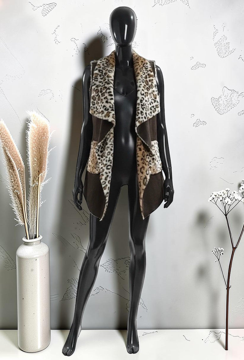 Manteau Sans Manches Façon Fausse Fourrure Léopard et Daim Automnal Marron Foncé