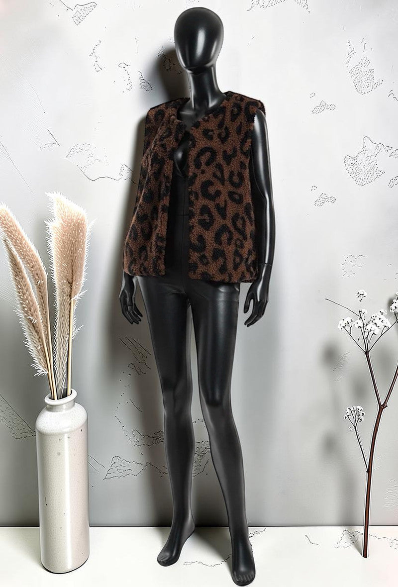 Veste sans Manches en Moumoute Automnale avec Doublure Marron Foncé