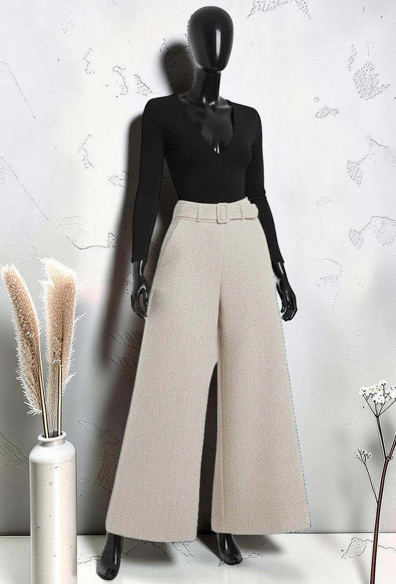 Pantalon Large Palazzo en Flanelle Automnal avec Ceinture Faite Main Beige