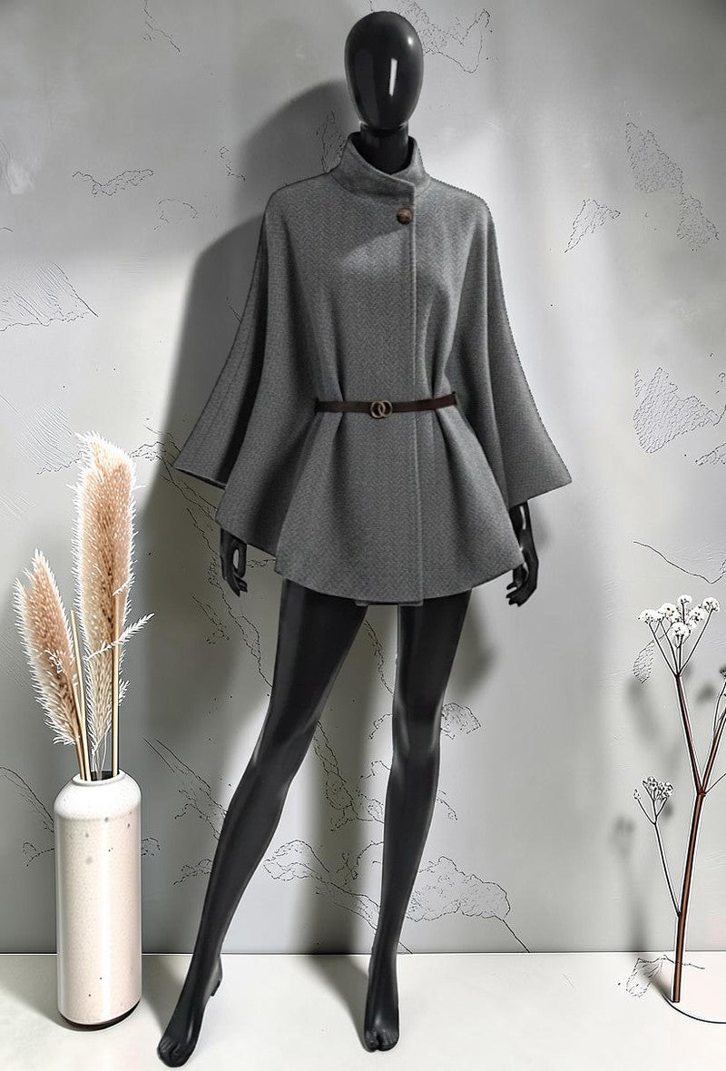 Cape Manteau avec Ceinture en Flanelle Automnale et Hivernale Gris foncé