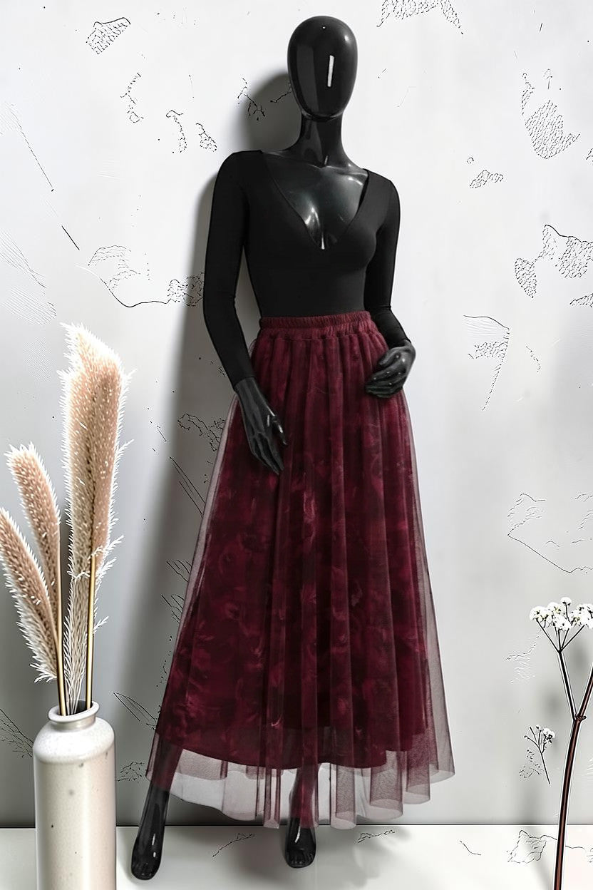 Jupe en Tulle Très Fluide avec Doublure en Viscose Bordeaux