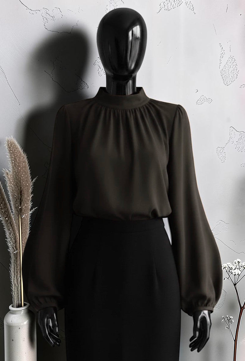 Blouse à Manches Longues Fluide Romantique et Tendance avec Doublure en Viscose Marron Foncé