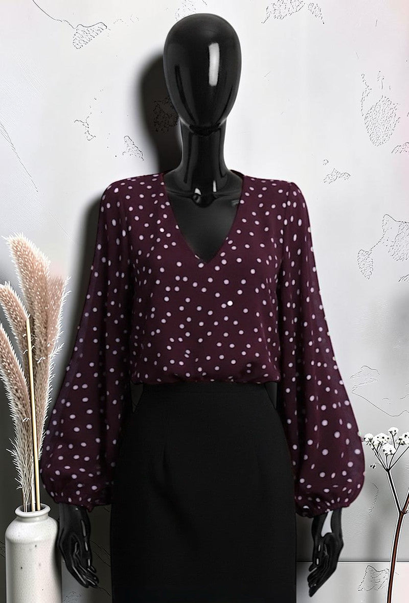 Blouse Imprimée à Manches Fluide Romantique Chic et Tendance avec Doublure Bordeaux