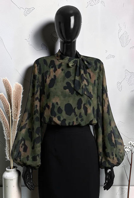 Blouse Manches Fluides Romantique Chic et Tendance avec Doublure en Viscose Kaki