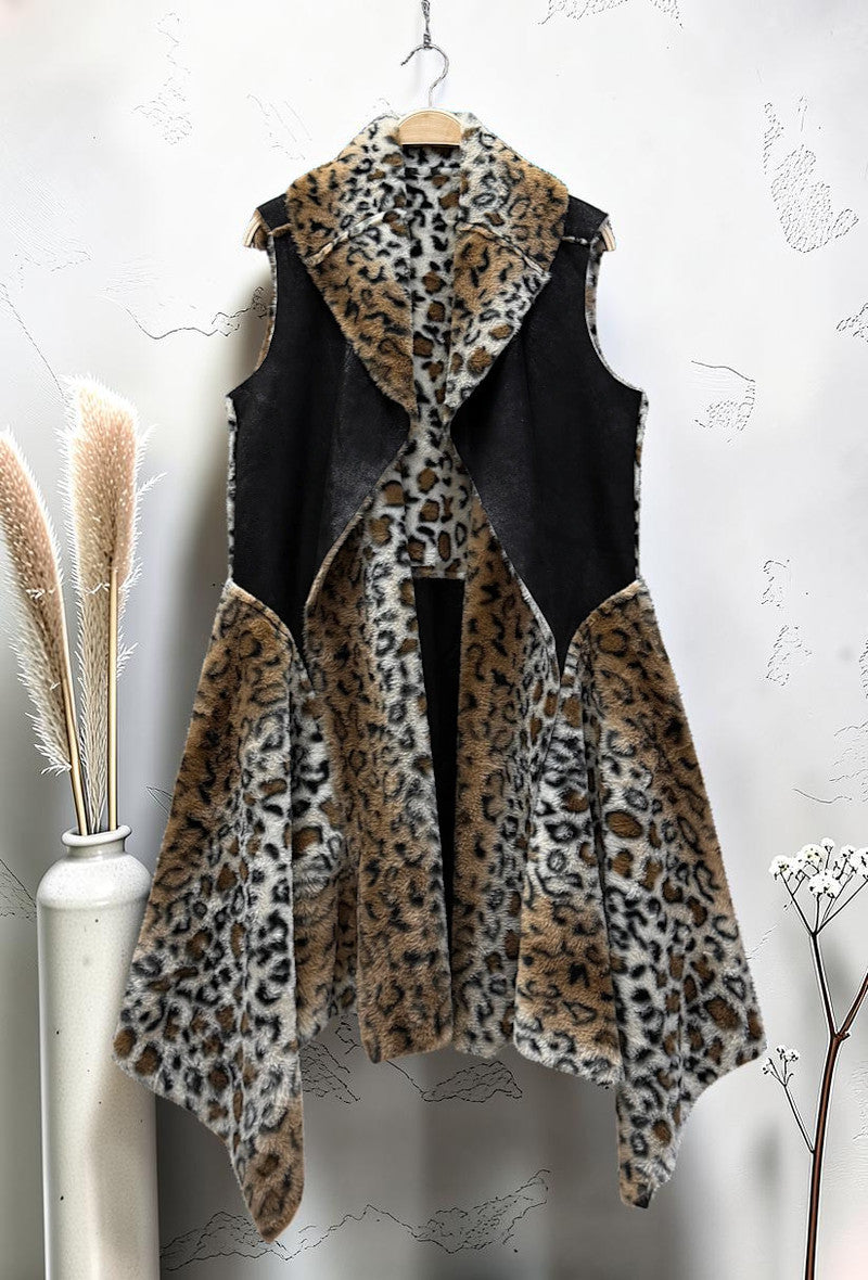 Manteau Long Sans Manches en Fausse Fourrure Léopard et Daim Automnal Noir
