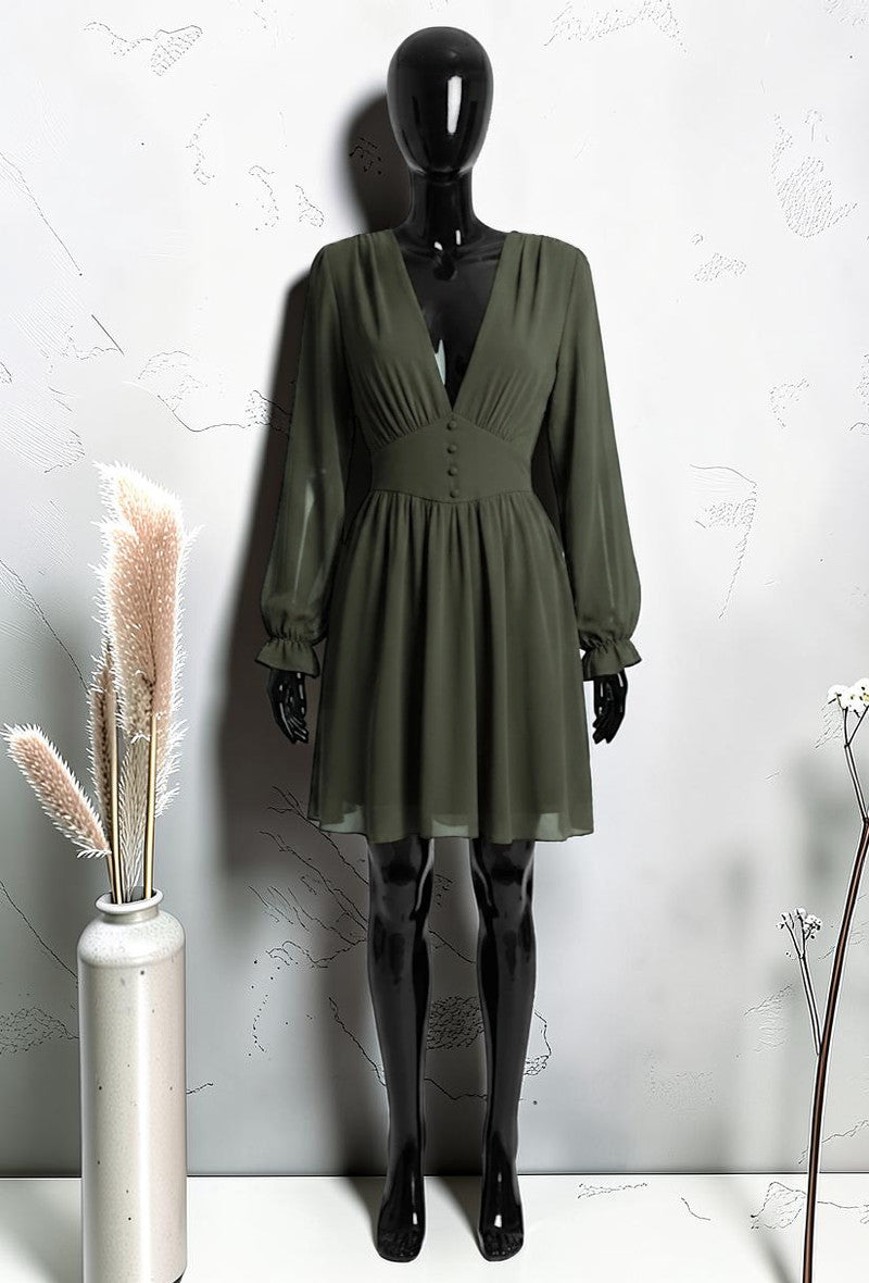 Robe Unie à Manches Longues Boutonnée avec Doublure en Viscose Kaki