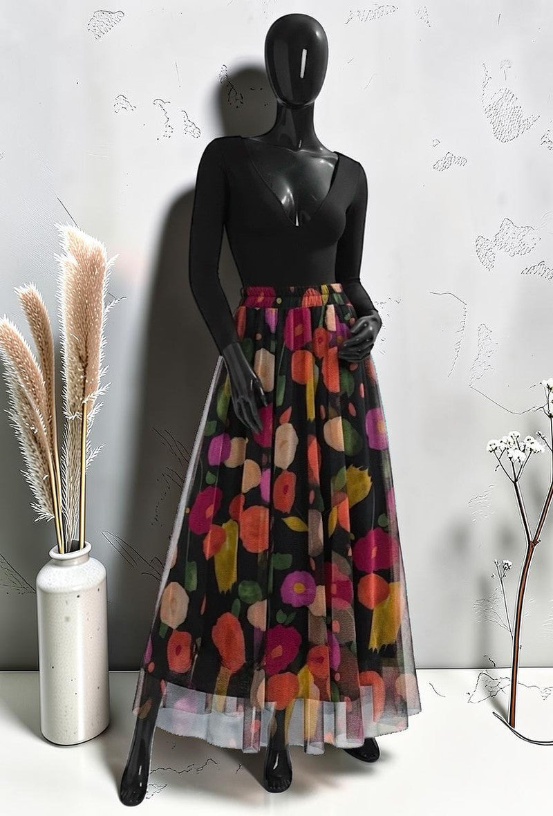 Jupe en Tulle Très Fluide avec Doublure en Viscose Noir