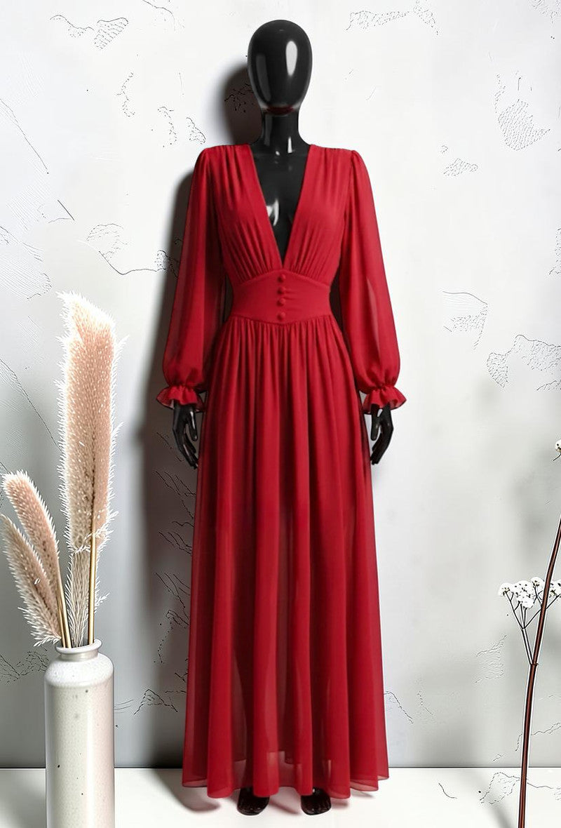 Robe à Manches Longues Boutonnée avec Doublure en Viscose et Fente Rouge