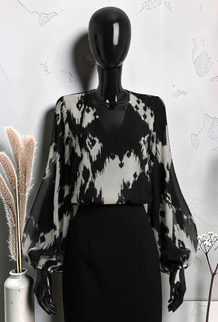 Blouse Imprimée à Manches Fluide Romantique Chic et Tendance avec Doublure Noir