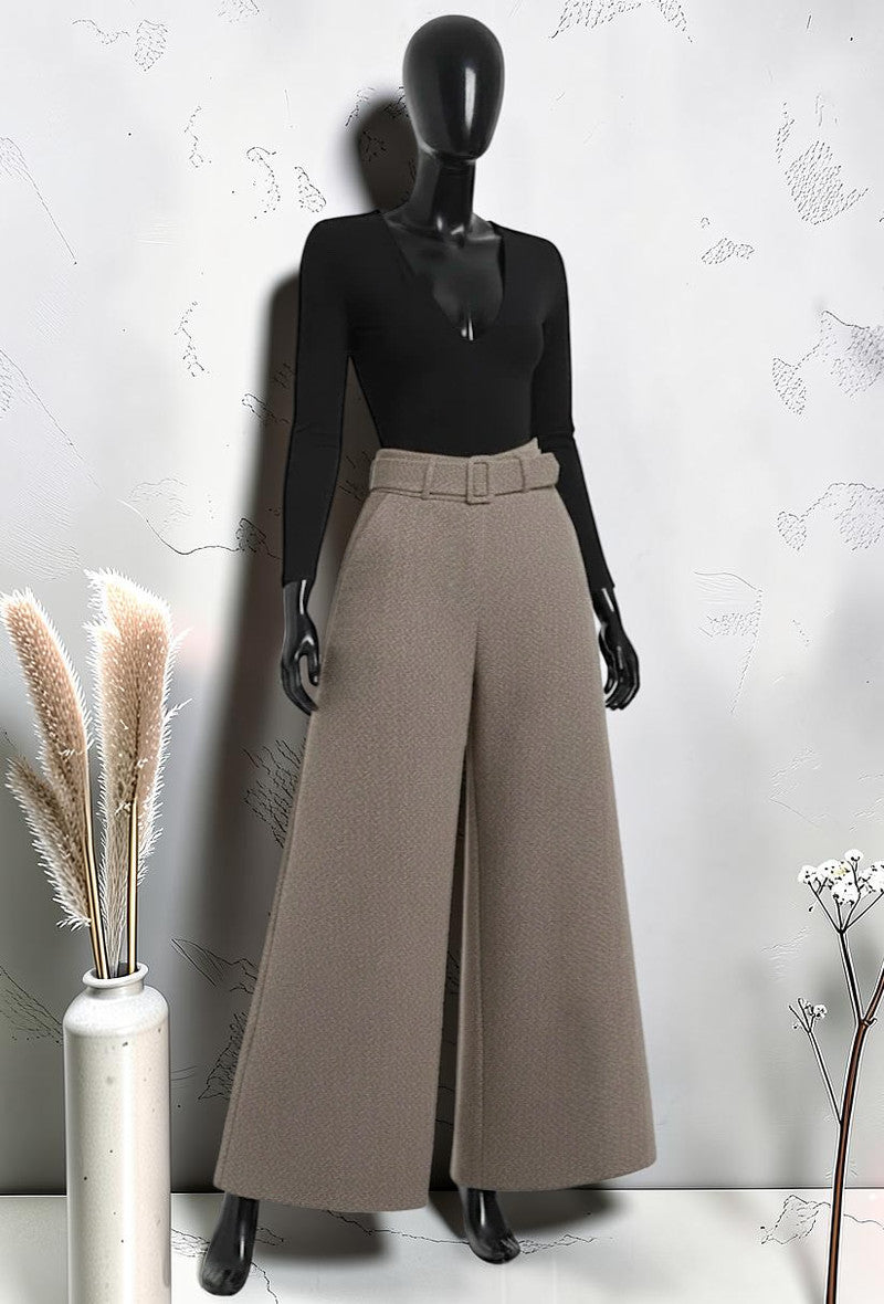 Pantalon Large Palazzo en Flanelle Automnal avec Ceinture Faite Main Champagne