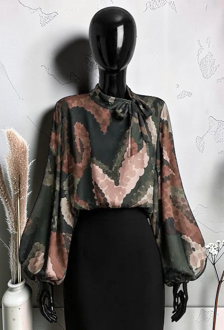 Blouse Manches Fluides Romantique Chic et Tendance avec Doublure en Viscose Kaki