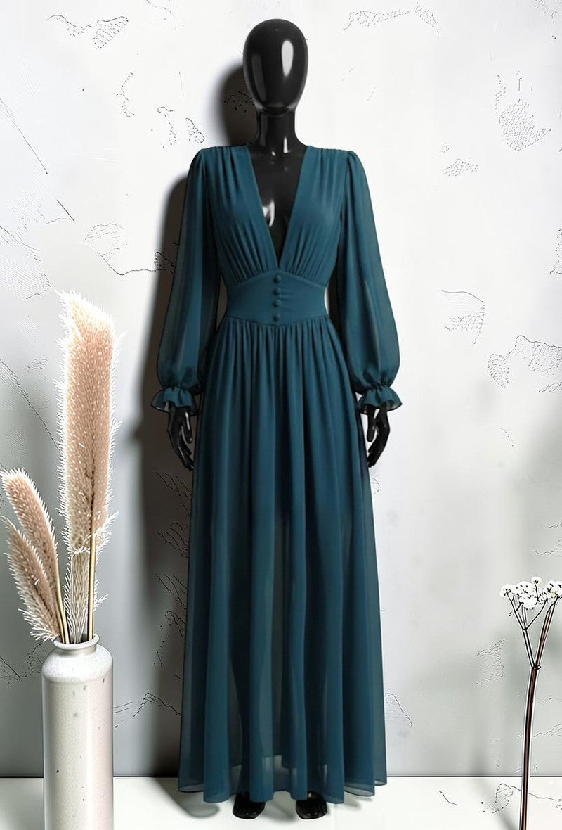 Robe à Manches Longues Boutonnée avec Doublure en Viscose et Fente Bleu petrole