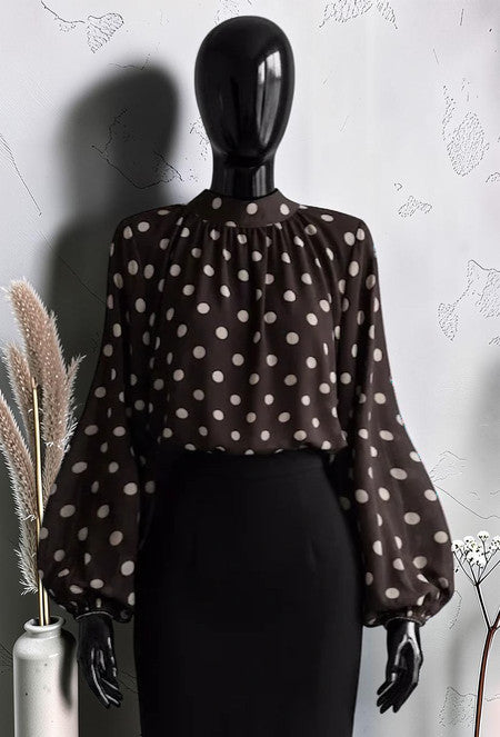 Blouse à Manches Longues Fluide Romantique et Tendance avec Doublure en Viscose Marron Foncé