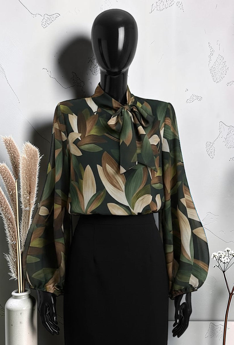 Blouse Manches Fluides Romantique Chic et Tendance avec Doublure en Viscose Kaki