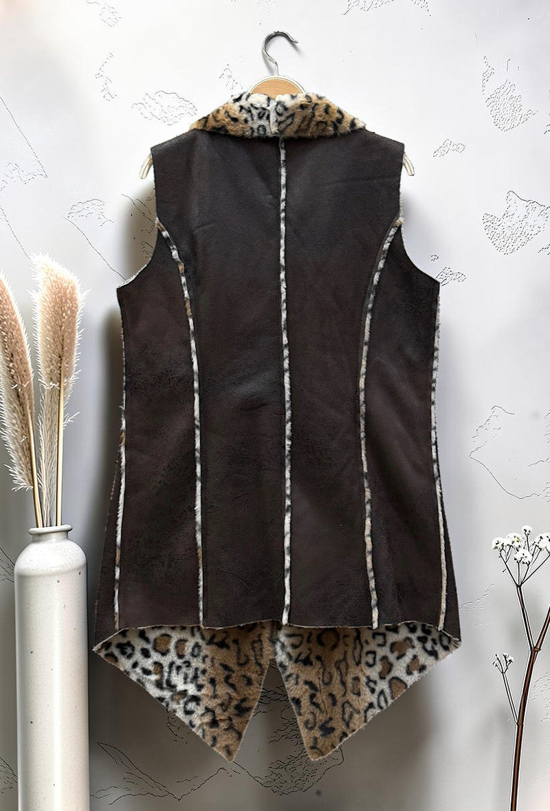 Manteau Sans Manches Façon Fausse Fourrure Léopard et Daim Automnal Marron Foncé