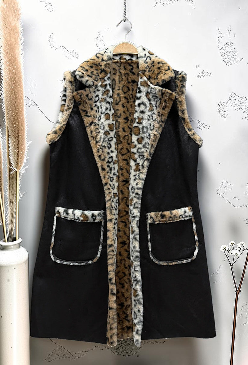 Manteau sans Manches en Fausse Fourrure Léopard et Daim Automnal Noir