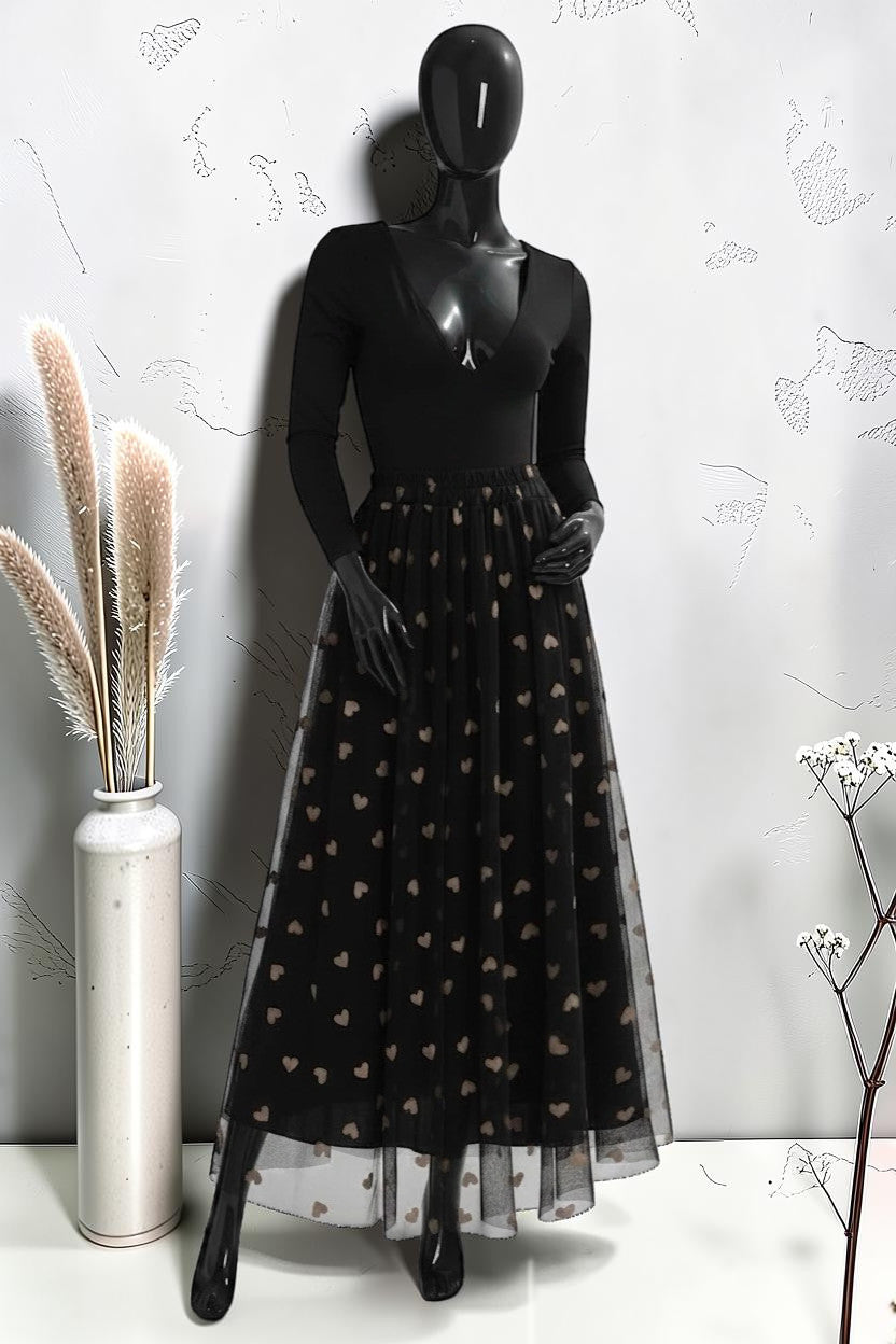Jupe en Tulle Très Fluide avec Doublure en Viscose Noir