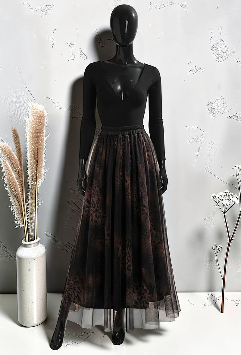 Jupe en Tulle Très Fluide avec Doublure en Viscose Marron Foncé