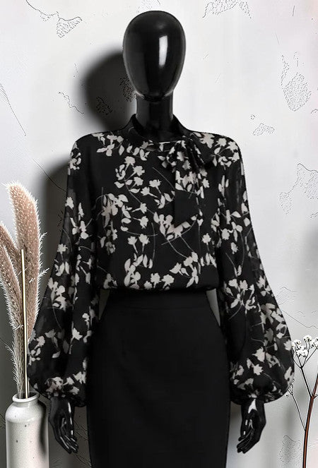 Blouse Manches Fluides Romantique Chic et Tendance avec Doublure en Viscose Noir