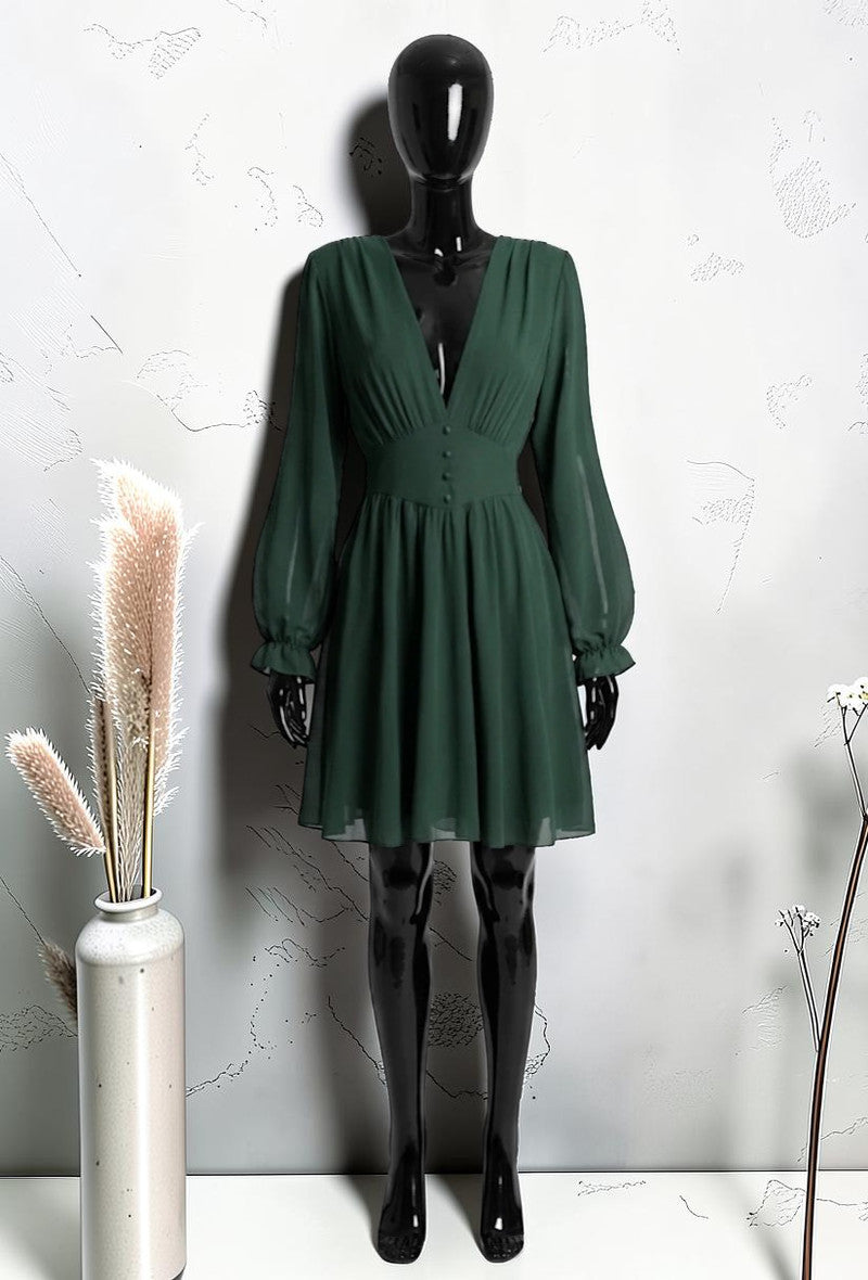 Robe Unie à Manches Longues Boutonnée avec Doublure en Viscose Vert Bouteille