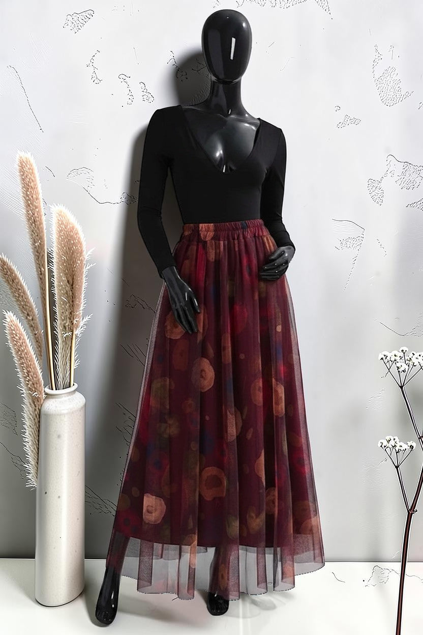 Jupe en Tulle Très Fluide avec Doublure en Viscose Bordeaux