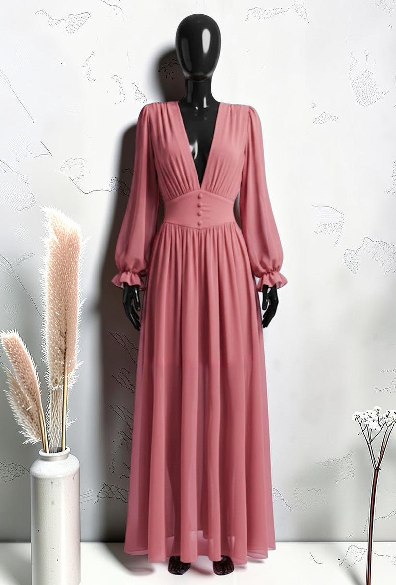 Robe à Manches Longues Boutonnée avec Doublure en Viscose et Fente Saumon