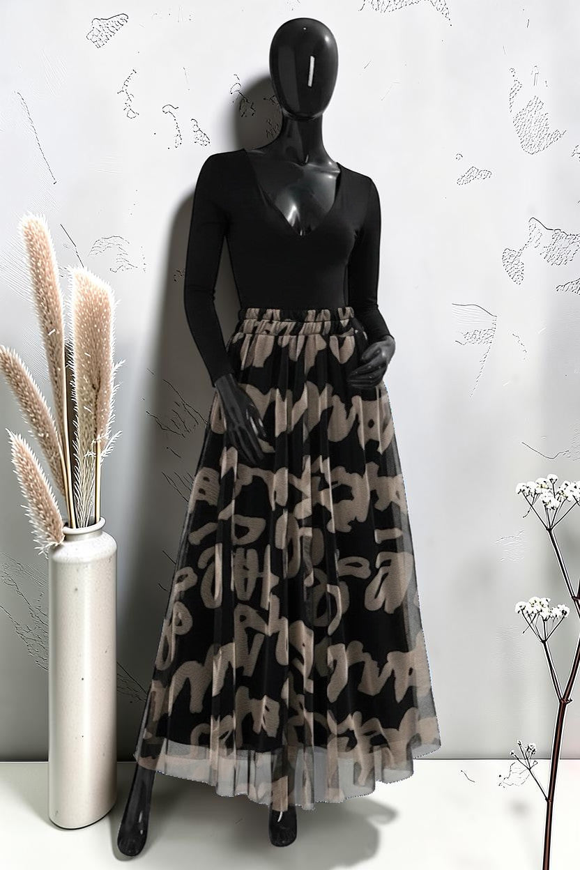 Jupe en Tulle Très Fluide avec Doublure en Viscose Noir