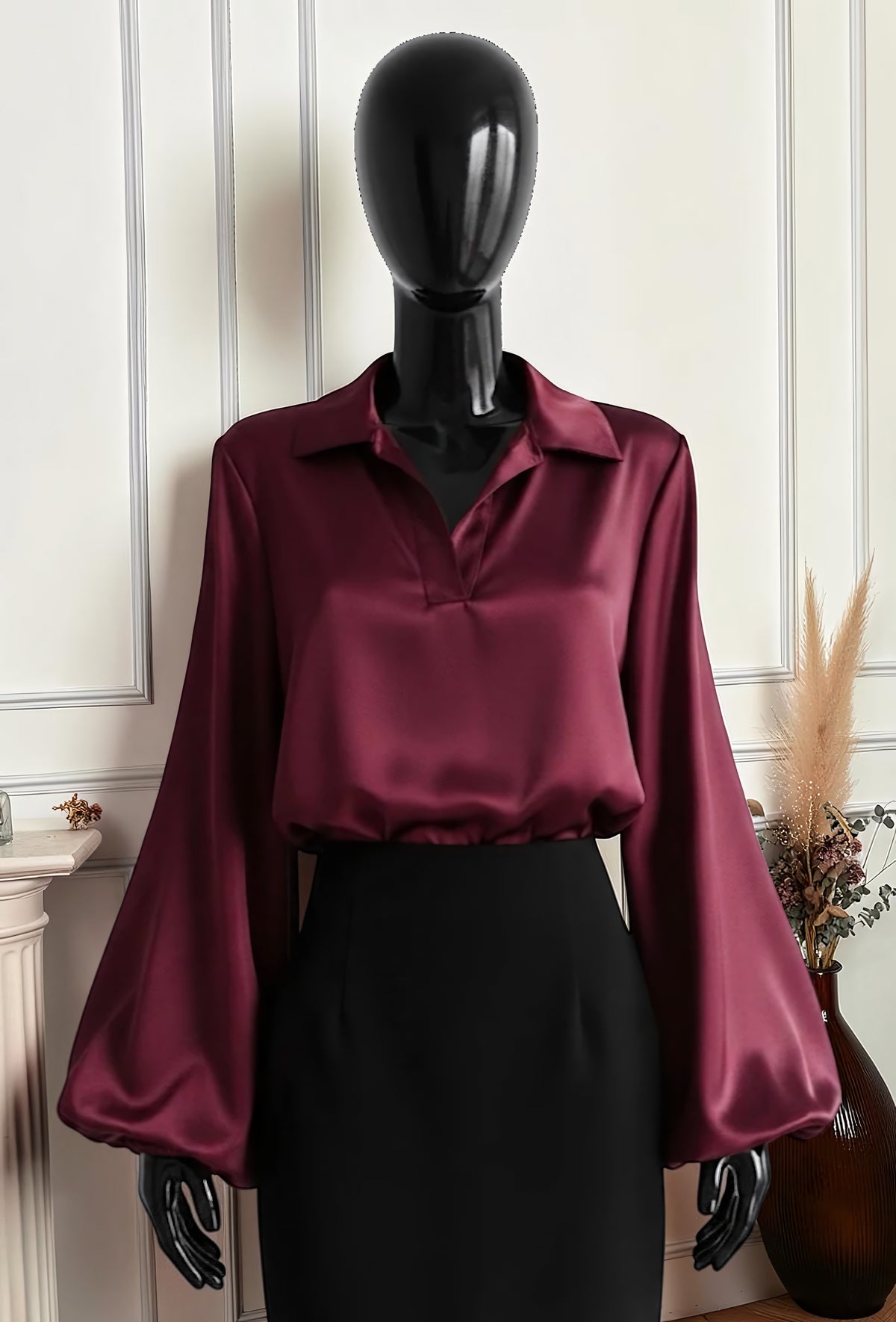 Blouse Manches Amples en Satin Bordeaux — Doublure Viscose – La Muse Parisienne – vue 1