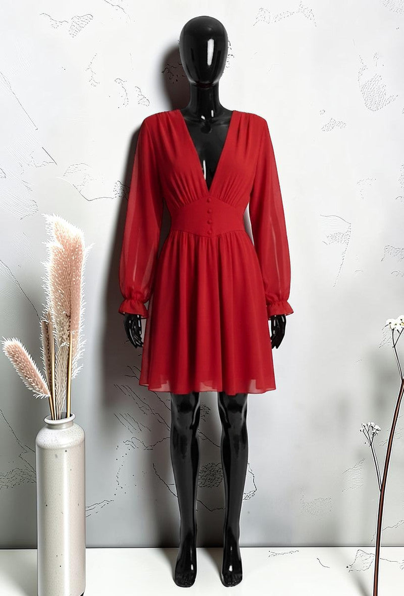 Robe Unie à Manches Longues Boutonnée avec Doublure en Viscose Rouge