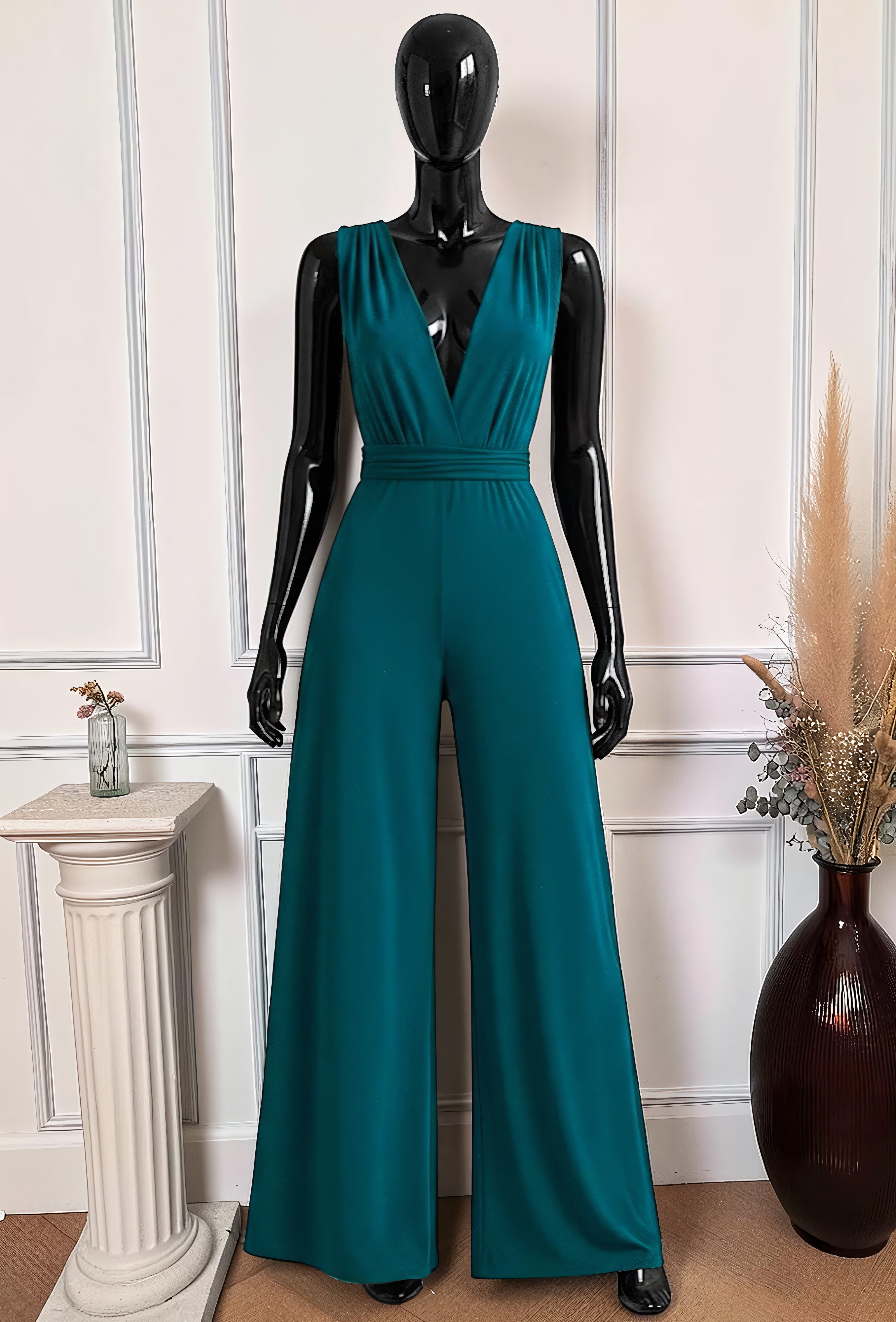 Combinaison Pantalon Bleu Canard — Col V Multi-Positions – La Muse Parisienne