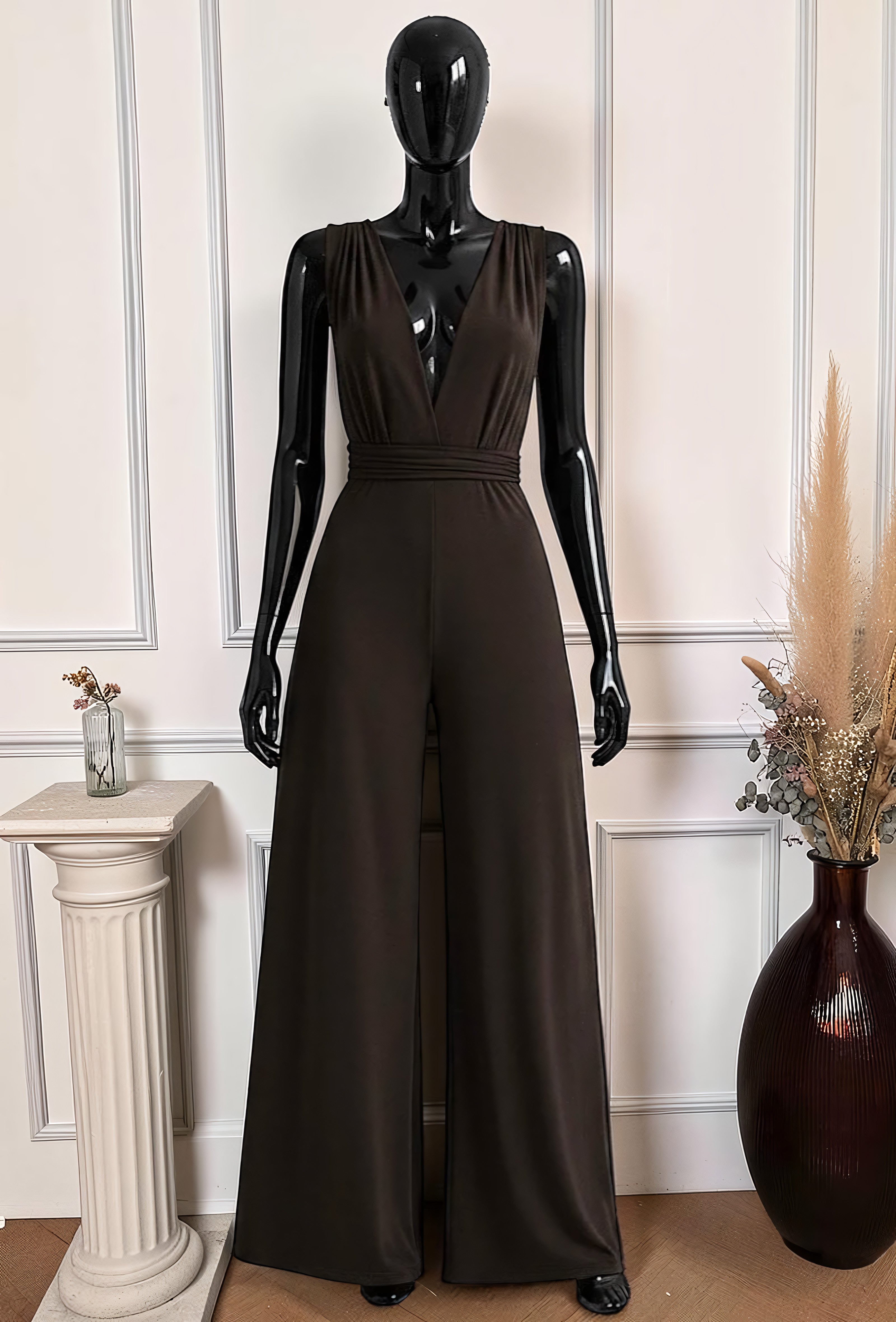 Combinaison Pantalon Marron Foncé — Col V Multi-Positions – La Muse Parisienne