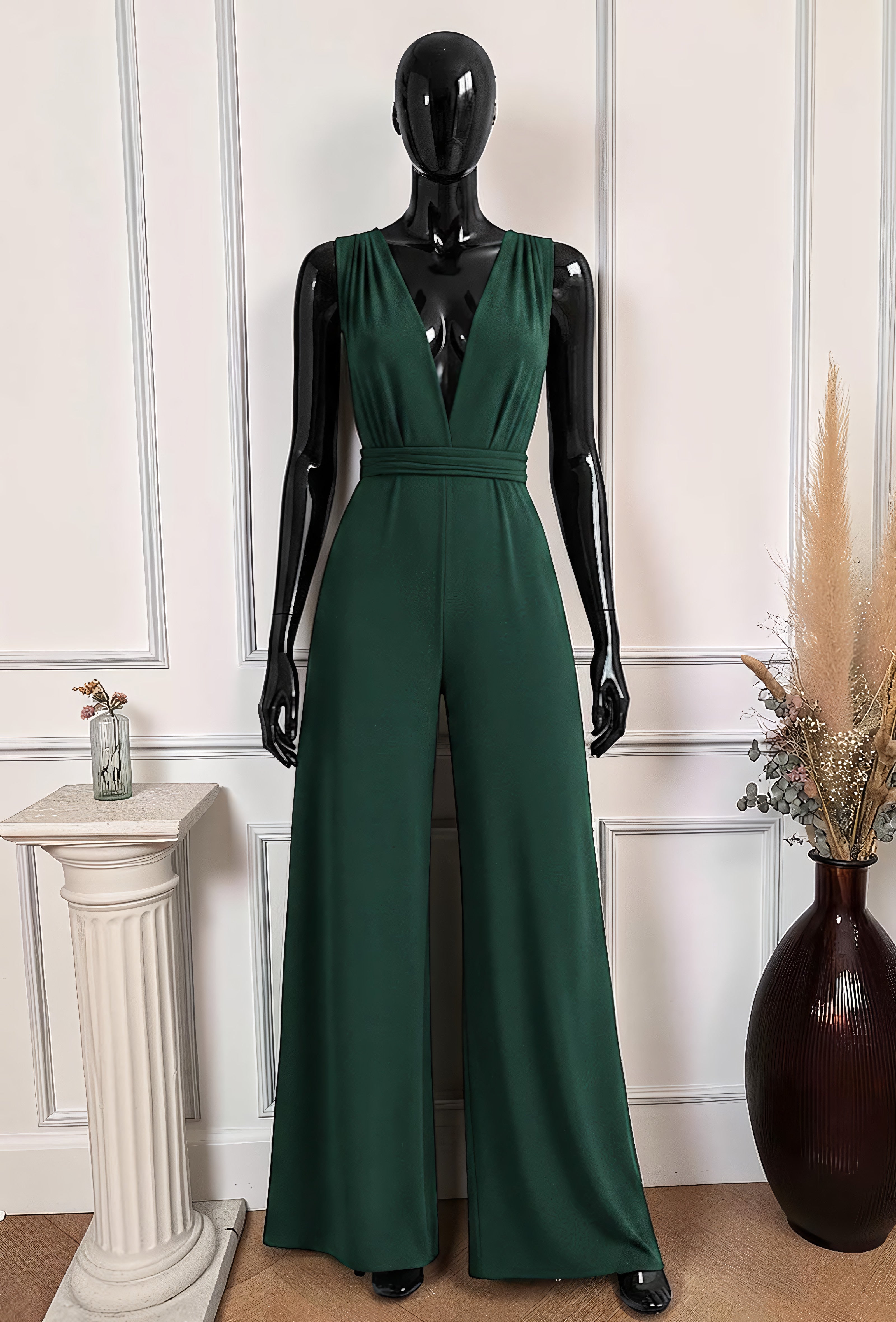 Combinaison Pantalon Vert Bouteille — Col V Multi-Positions – La Muse Parisienne