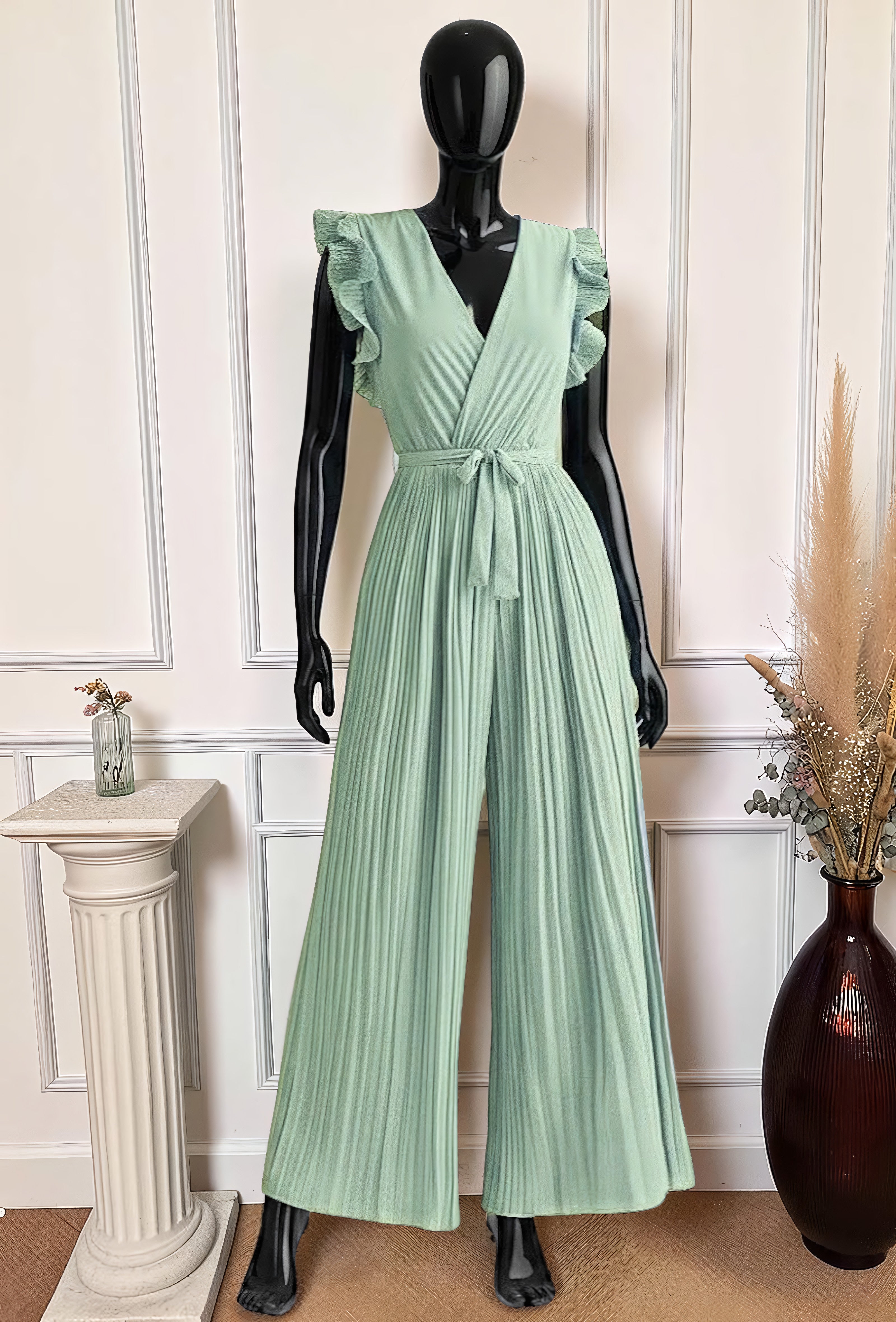 Combinaison Pantalon Vert d'Eau — Manches Froncées à Volants – La Muse Parisienne