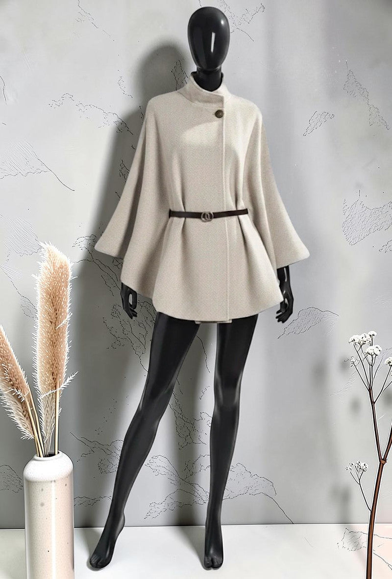 Cape Manteau avec Ceinture en Flanelle Automnale et Hivernale Beige
