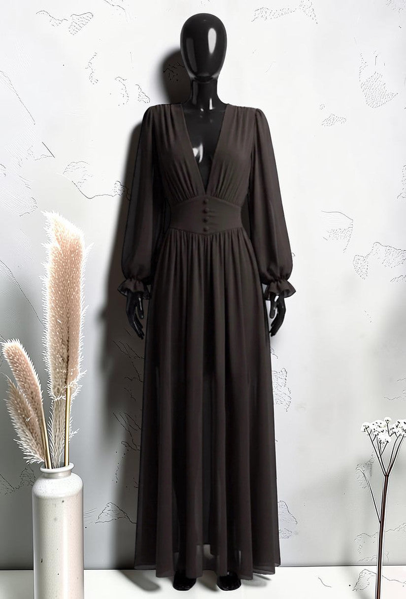 Robe à Manches Longues Boutonnée avec Doublure en Viscose et Fente Marron Foncé