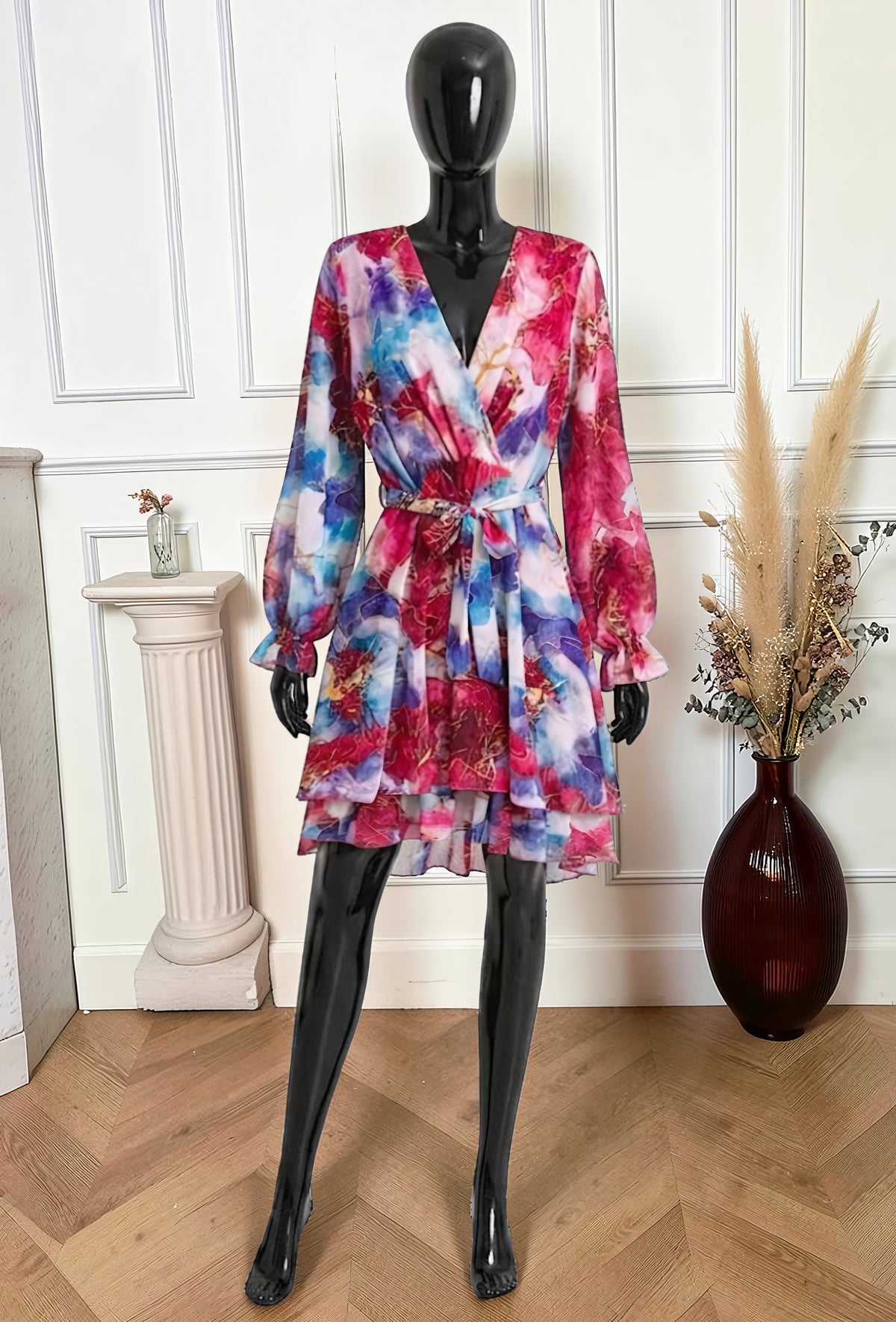 Robe à Double Volant Imprimé Floral Aquarelle Rose-Bleu – La Muse Parisienne