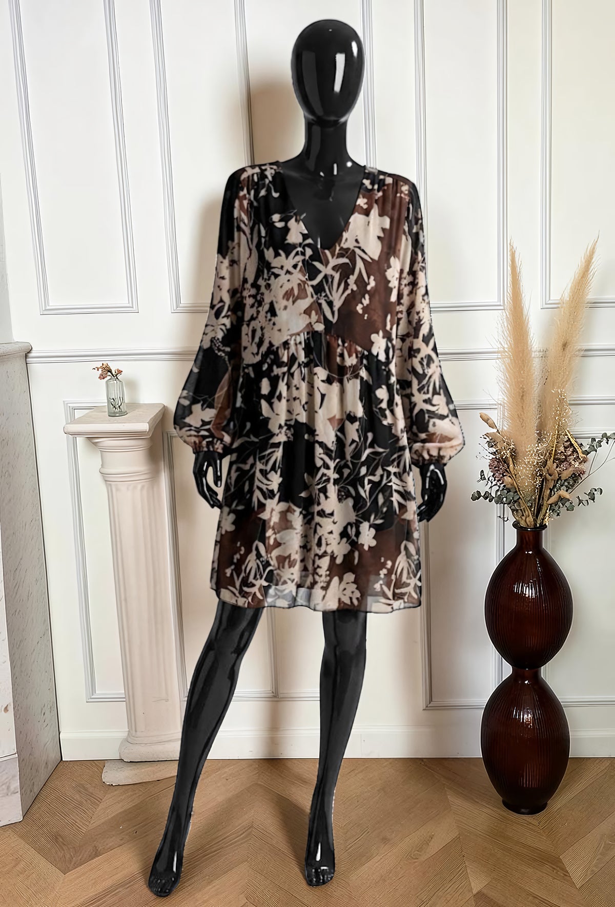 Robe Manches Longues Imprimé Fleurs Ombrées Noir et Brun – La Muse Parisienne