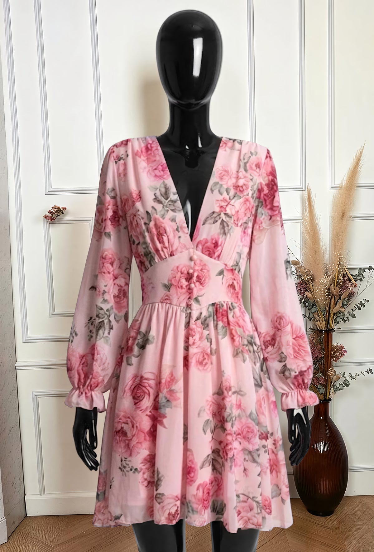 Robe Boutonnée Imprimé Fleurs Roses Pâle – La Muse Parisienne