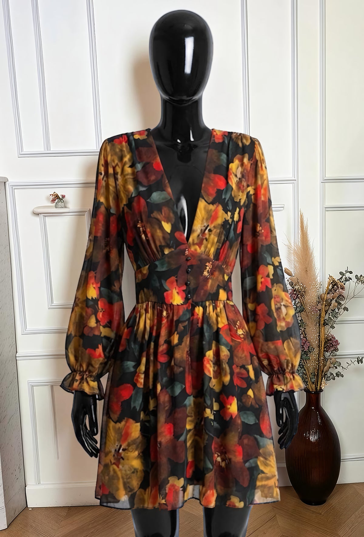 Robe Boutonnée Imprimé Floral Automne Noir – La Muse Parisienne