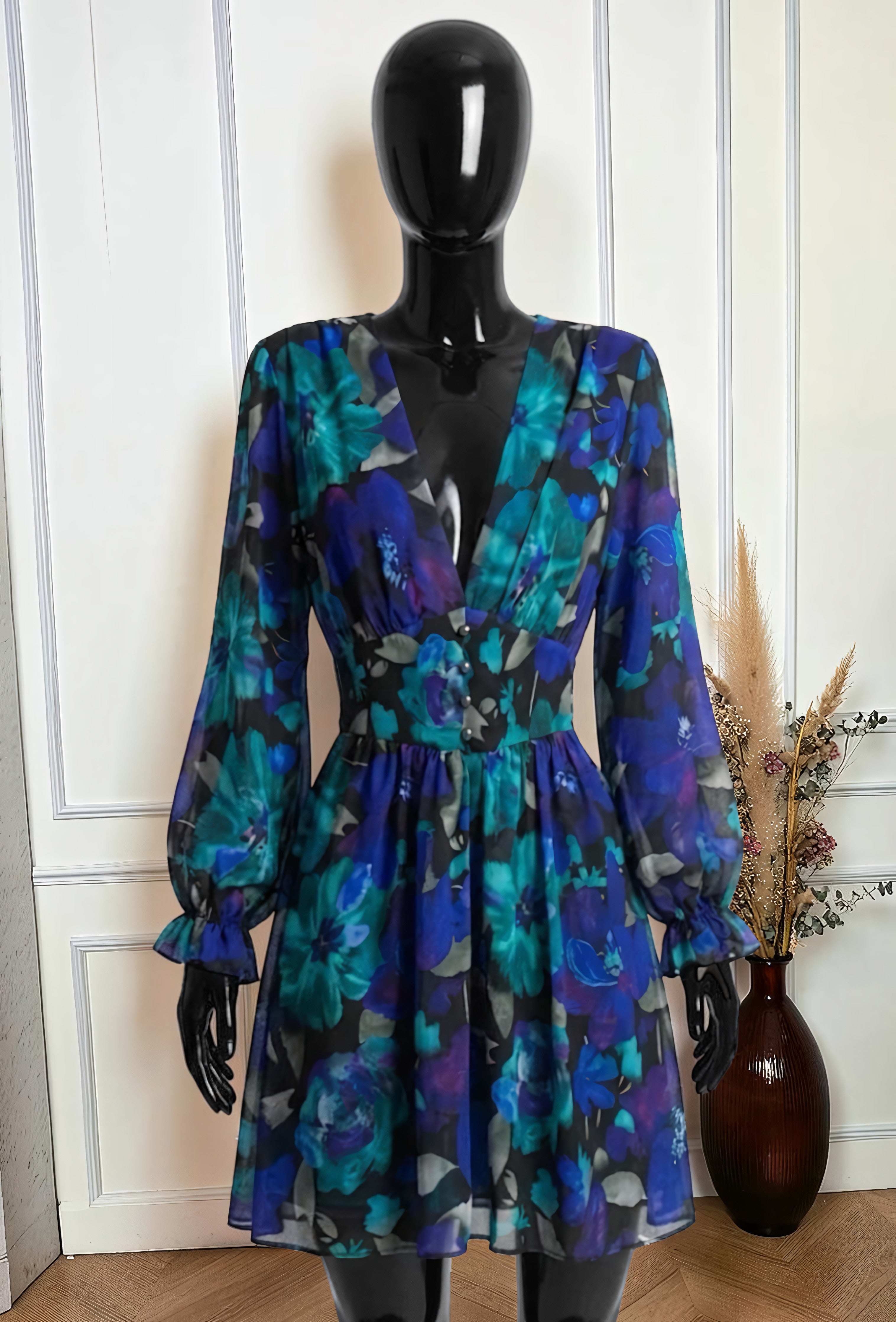Robe Boutonnée Imprimé Floral Bleu Nuit – La Muse Parisienne