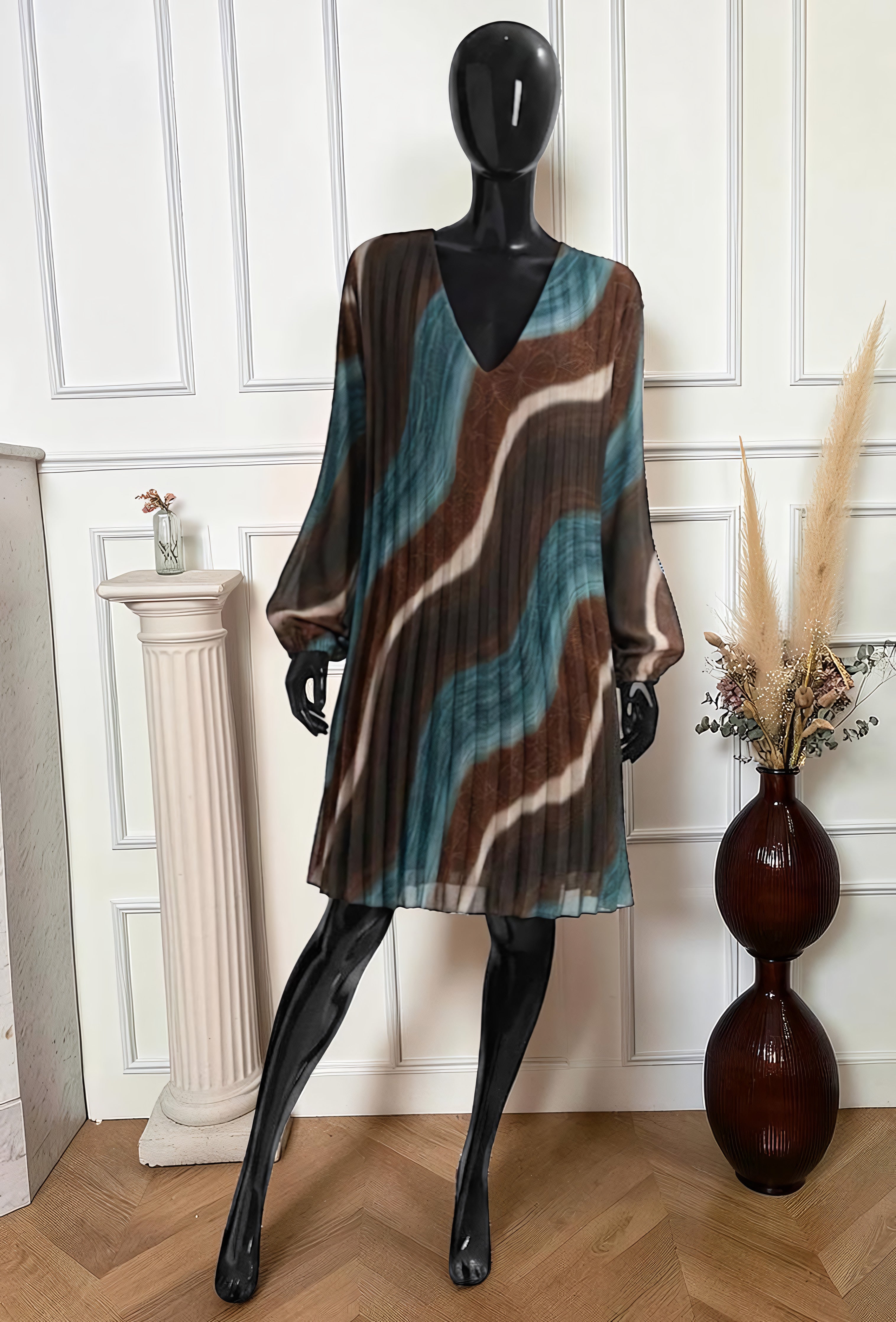 Robe Plissée Imprimé Vagues Bleu Canard – La Muse Parisienne