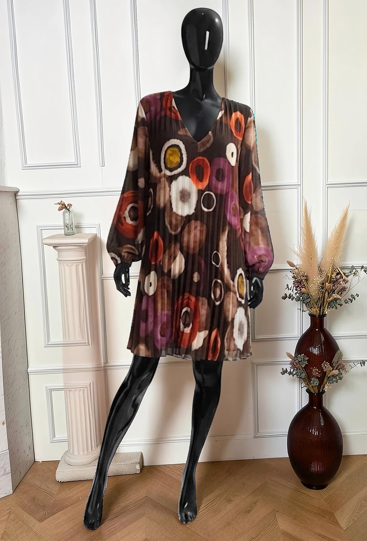 Robe Plissée Imprimé Cercles Multicolores – La Muse Parisienne