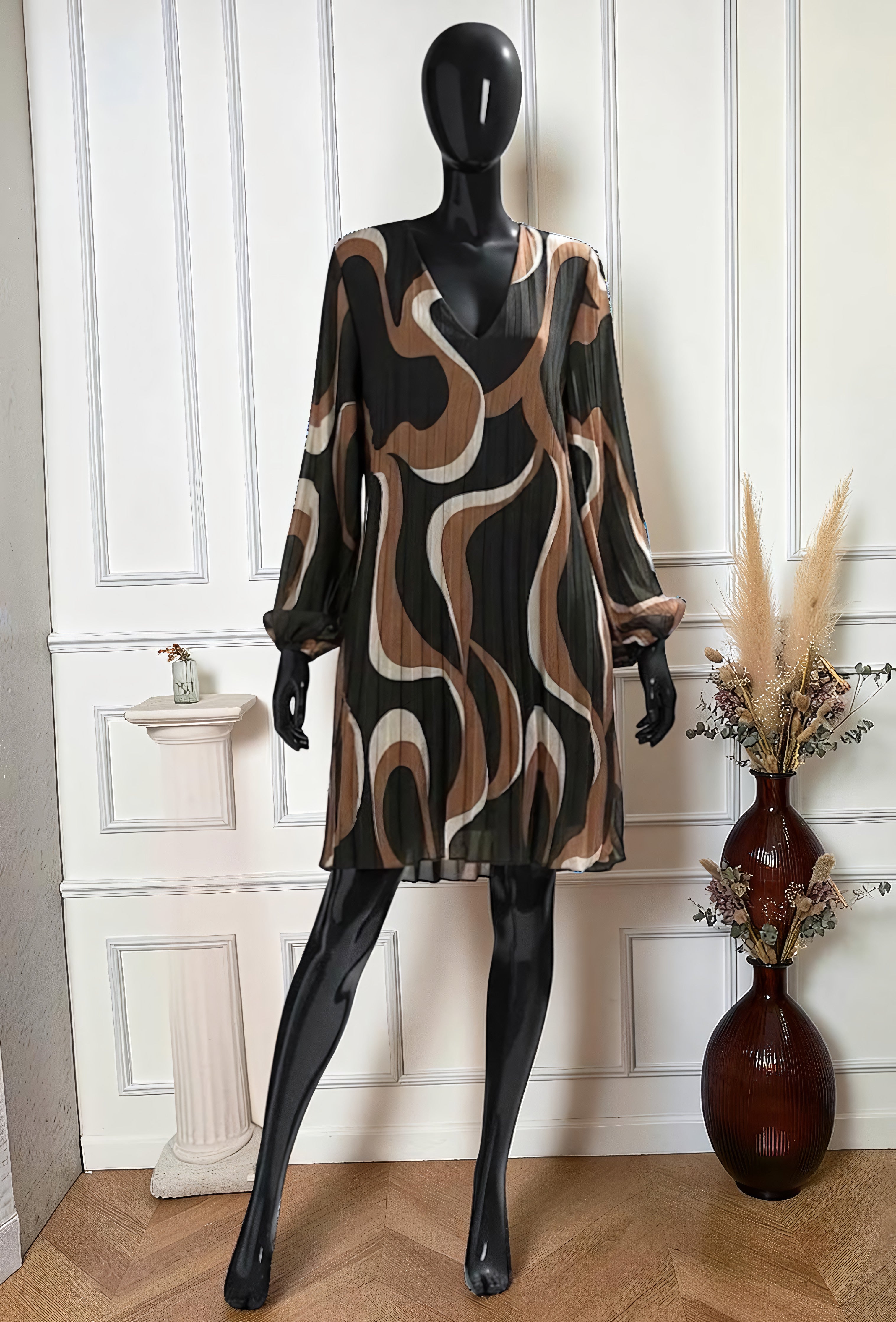 Robe Plissée Imprimé Vagues Marron – La Muse Parisienne