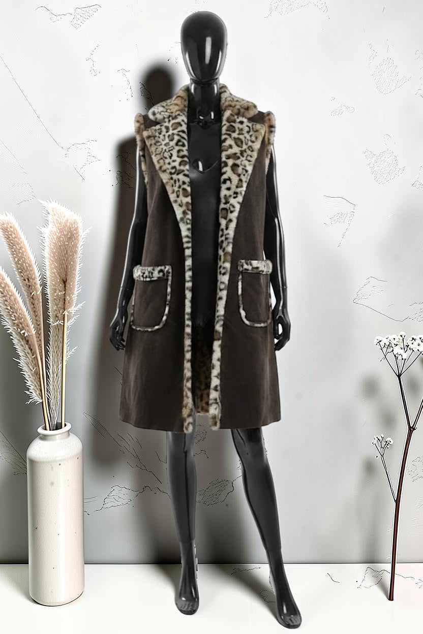 Manteau sans Manches en Fausse Fourrure Léopard et Daim Automnal Marron Foncé