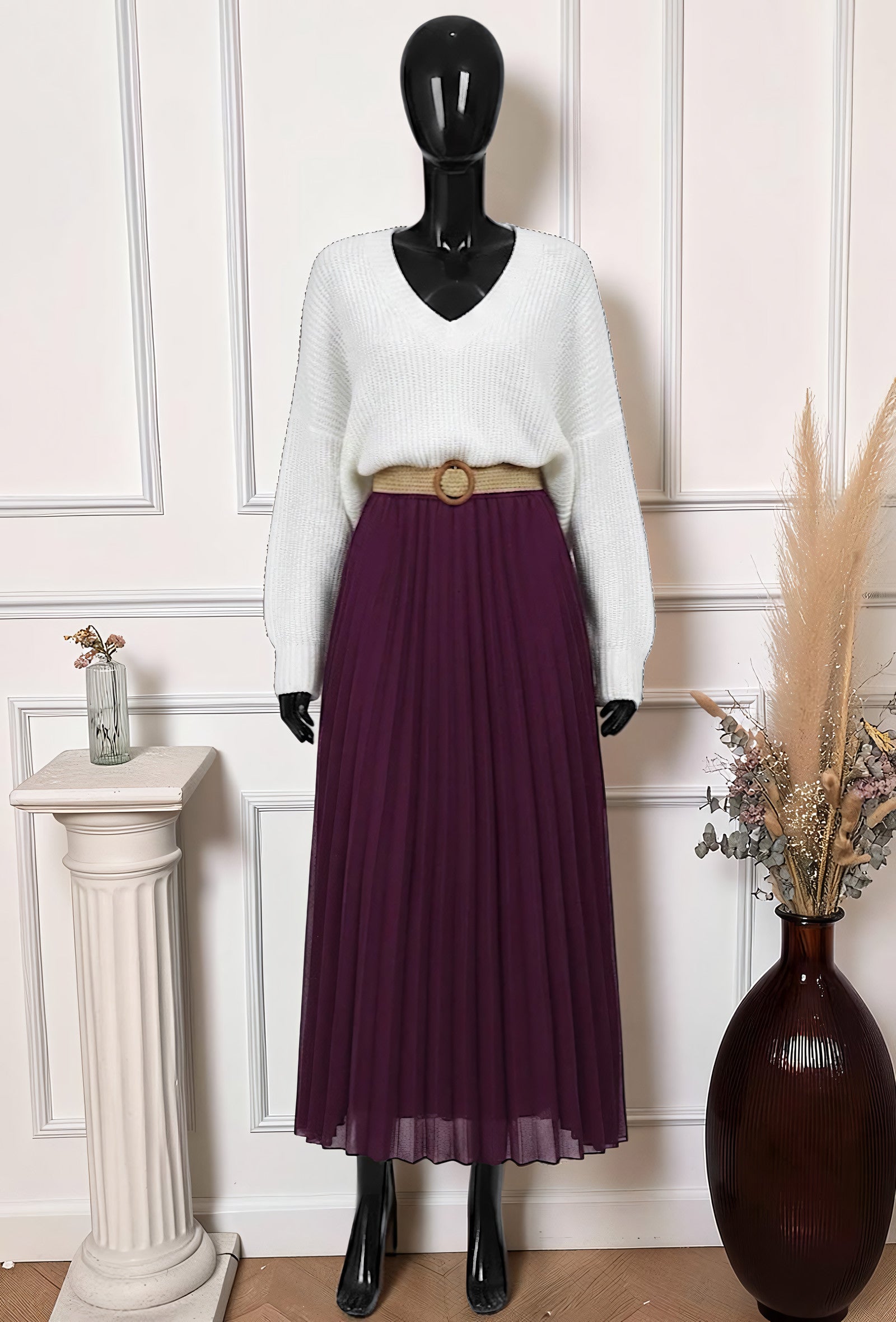 Jupe Plissée Fluide Doublée avec Ceinture Mauve – La Muse Parisienne – vue 1