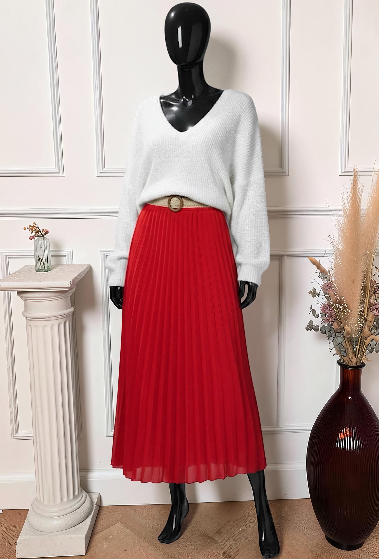 Jupe Plissée Fluide Doublée avec Ceinture Rouge – La Muse Parisienne – vue 1