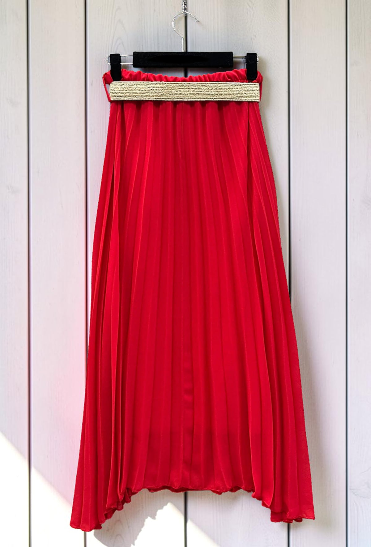 Jupe Plissée Fluide Doublée avec Ceinture Rouge – La Muse Parisienne – vue 2