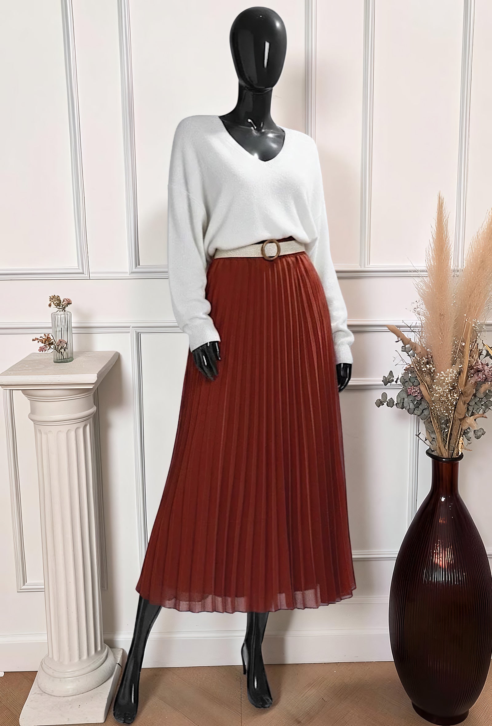 Jupe Plissée Fluide Doublée avec Ceinture Terracotta – La Muse Parisienne – vue 2