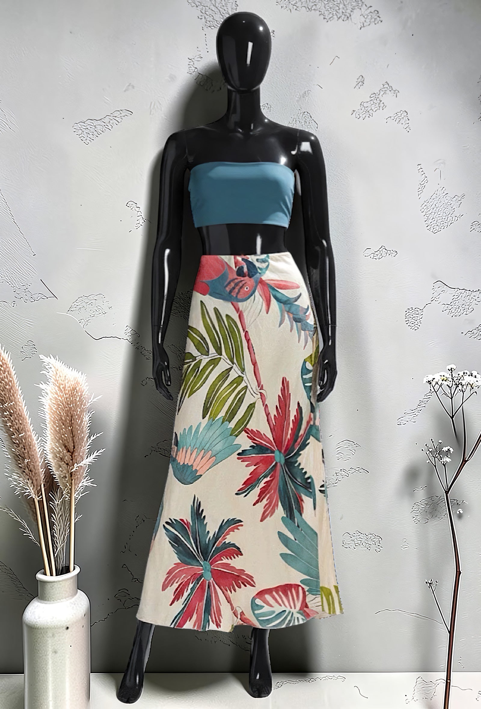 Jupe Imprimée en Viscose Satinée Bordure Dentelle Bleu Canard – La Muse Parisienne – vue 1